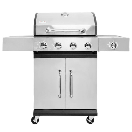 Grill ogrodowy gazowy Mega-M 4+1 ze stolikiem bocznym z pokrywą i drzwiczkami ze stali nierdzewnej reduktor + wąż gazowy