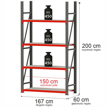 Regał metalowy magazynowy 4-półkowy Mega-M FORTIS H-200 cm L-167 cm G-60 cm moduł bazowy