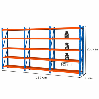 Regał magazynowy 5-półkowy Mega-M FORTIS LIGHT H-200 cm L-585 cm G-60 cm zestaw (3 moduły) N
