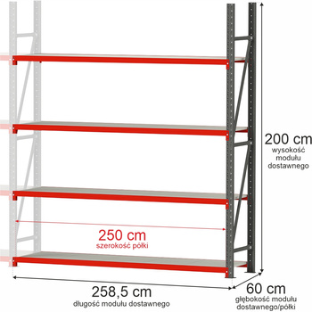 Regał magazynowy 4-półkowy Mega-M FORTIS H-200 cm L-258,5 cm G-60 cm moduł dostawny N