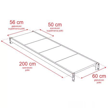 Regał metalowy magazynowy 4-półkowy Mega-M FORTIS H-200 cm L-208.5 cm G-60 cm moduł dostawny
