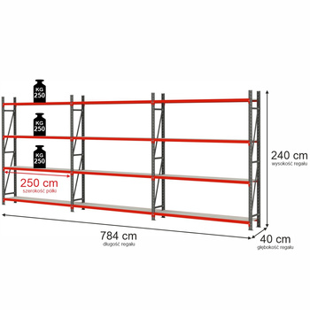 Regał magazynowy 12-półkowy Mega-M FORTIS H-240 cm L-784 cm G-40 cm