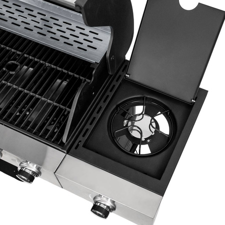 Grill ogrodowy gazowy Mega-M 4+1 ze stolikiem bocznym z pokrywą ze stali nierdzewnej reduktor + wąż gazowy