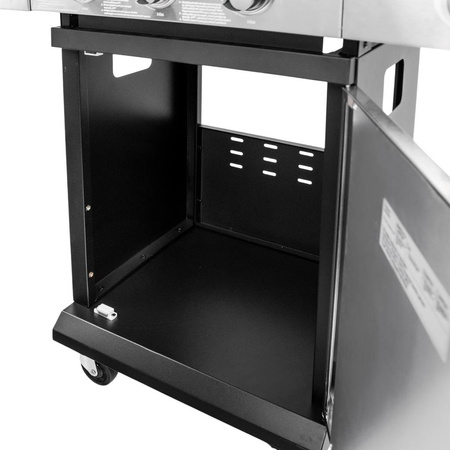 Grill ogrodowy gazowy Mega-M 3+1 ze stolikiem bocznym z pokrywą i drzwiczkami ze stali nierdzewnej reduktor + wąż gazowy