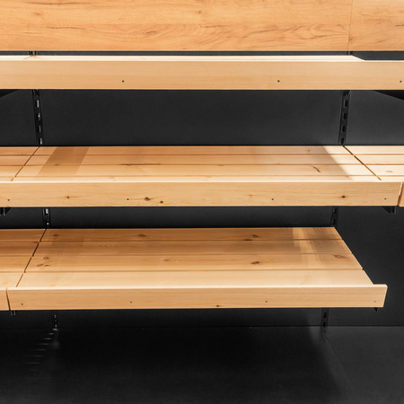 Regał ekspozycyjno-sprzedażowy zakasowy Mega-M H- 230 cm L- 364 cm G- 63 cm dąb kraft/czarny