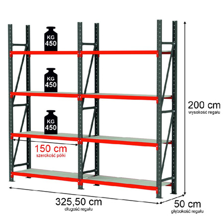 Regał magazynowy 8-półkowy Mega-M FORTIS H-200 cm L-325.5 cm G-50 cm