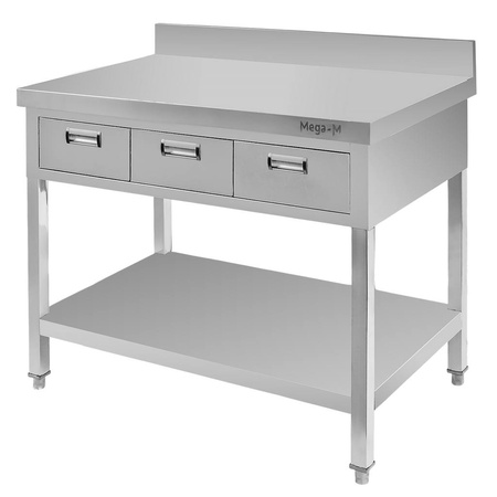 Stół gastronomiczny ze stali nierdzewnej przyścienny z półką i 3 szufladami Mega-M 100x60x85 cm
