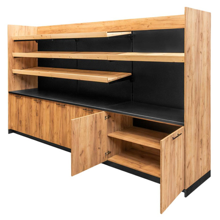Regał ekspozycyjno-sprzedażowy zakasowy Mega-M H- 230 cm L- 364 cm G- 63 cm dąb kraft/czarny