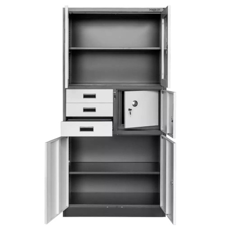 Szafa biurowa metalowa na akta Mega-M WENUS przeszklone drzwi sejf S- 90 cm G- 40 cm H-185 cm grafitowa szary front